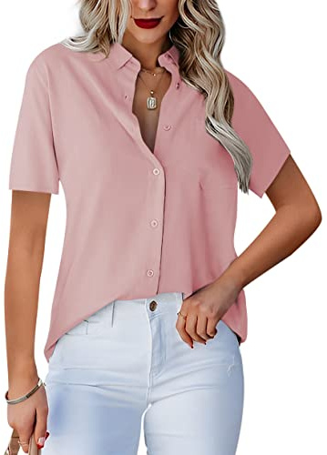 Homlan Damblus, v-ringad, långärmad, elegant, ledig, knappblus, arbetsblus, enfärgad, med bröstfickor, D-rosa, M