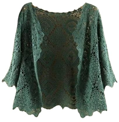 LIRU Boléro Gilet Femme,Bolero Femme Shrug 3/4 Manches Courtes Cardigan Élégant Floral Dentelle Blouse Veste Été Crochet Cardigan Ouvert Devant Col V Festival Veste Plage Cover-Ups pour Robes Vert XL