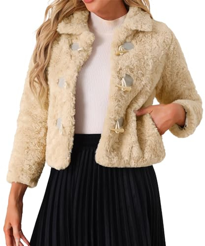 Allegra K Faux Pälsrockar för kvinnor casual jacka med fluffig krage kort vinter varm, Aprikos, S