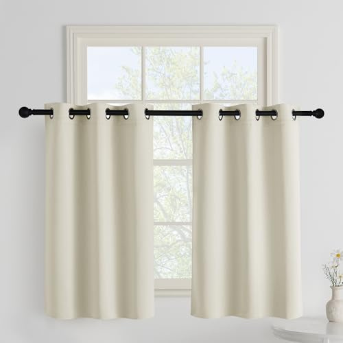 PONY DANCE Tende Corte Oscuranti Camera da Letto con Anelli Tende Termiche Isolanti Cucina per Finestre Piccole 2 Pezzi L 90 x A 100 cm Curtains per Interni, Beige Chiaro