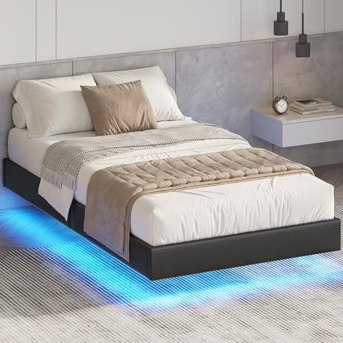 DICTAC Bett 90x200 mit LED Beleuchtung, Bettgestell 90x200 mit Lattenrost, Floating Bed Frame, Gepolstertes Jugendbett für Schlafzimmer, Gästezimmer, Leichte Montage, Schwarz Gästebett
