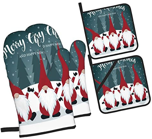 4 Stück Handschuh Set Weihnachten Skandinavische GNOME Xmas Winter Ofen Mitts Baumwolle Hitzebeständige Kochhandschuhe Für Zum Grillen, Geschenke, Mikrowellenofen
