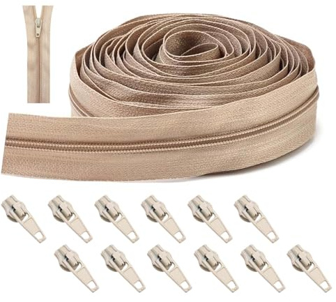 Zips for Sewing, Continuous Zip Repair 5m Beige Zipper Size 3 Yard Bulk Zippers for Sewing with 12 Sliders Long Zip, Heavy Duty Trimmable on Roll NO.3 Pullers for DIY Sewing Tailor Craft Bag