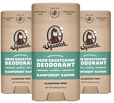 Dr. Squatch Natural Men’s Deodorant – Aluminium Free Natural Deodorant For Men with Charcoal & Postbiotics for 72-Hour Odor Protection – Rainforest Rapids, 75g Stick (3-pack)