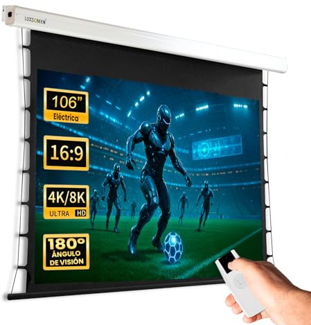 Pantalla de proyeccion eléctrica tensionada 106 16:9 | Requiere Espacio de 284cm | Válida para Cualquier proyector Incluso UST | Motor Tubular | Ajuste de tensión | Mando a Distancia