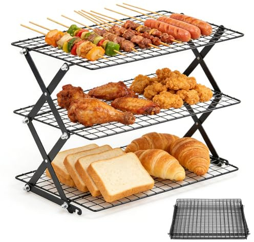 CEWROM Grille de refroidissement pliable pour la cuisson - En acier inoxydable - 3 étages - Compatible avec les moules - Empilable et peu encombrante - Pour biscuits, gâteaux, muffins, pain