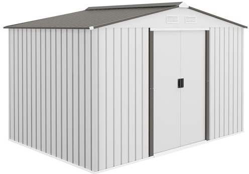 Outsunny Caseta de Jardín Exterior 4,9 m², 277x195x192 cm, Cobertizo de Jardín Exterior Metálico con Puerta Corredera, Ventilación y Kit de Fundación, para Almacenamiento de Herramientas, Plata