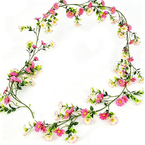 210cm Artificial Daisy Garland, Deep Pink Hanging Flower Vine with Leaves | Lifelike Artificial Daisy Garland for Wall, Wedding, Garden and Party Decoration All Year Round with Green Leaves