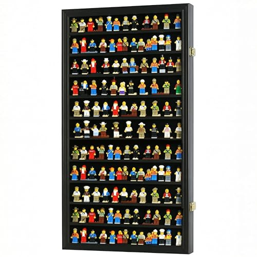 DisplayGifts Building Block Toy Minifigures Miniatures Thimble Display Case Wall Cabinet Standing Plates Included, UV Protection Door Black Finish Frame