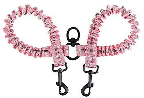 BAOBOTE Pet Double Dog Leash, Shock Absorbing Reflective Bungee Lead Walk 2 Dogs with Ease, 360° Swivel No Tangle Double Dog Walking & Training Leash, Dual Dog Leashs for 6-120lbs Dogs (Pink)