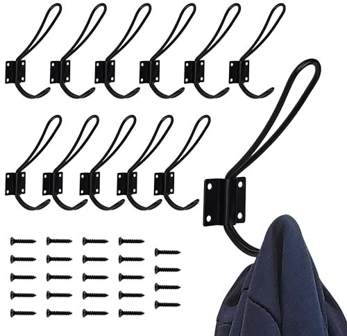 Belle Vous Pack de 12 Percheros Pared Negros para Abrigos - Ganchos para Colgar de Metal con Tornillos para Recibidores, Dormitorios o Cocina - Toalleros de Baño, Abrigos, Sombreros, Batas de Baño