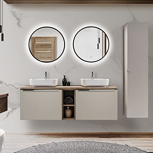 Lomadox Badmöbel Set in aupe mit Vintage Eiche, 140cm Doppel-Waschtisch mit Unterschrank, 2 Keramik Waschbecken, Regal, LED-Spiegel, Hochschrank