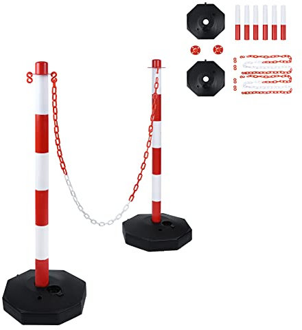 SUBTLETY Lot de 2 Poteau de Délimitation Poteau à Chaîne en Plastique Kit de Poteaux de Barrage avec 2X 1,4m de Chaînes en Plastique pour Entrées Garages Portails (82 x 28 x 28 cm, Rouge + Blanc)