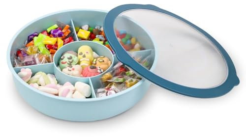 Bugucat Snackteller mit 5 Fächern, Snackschale mit Transparentem Deckel, Plastik Snackbox Obstteller aus Kunststoff, Wiederverwendbar Dauerhaft für Nüsse Desserts (Grün、Blau、Rosa)