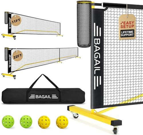 BAGAIL Juego de red de pickleball portátil con ruedas, tamaño reglamentario de 22 pies y tamaño de media cancha de 11 pies 2 en 1 red de pepinillo con colector de bolas, bolsa de transporte, fácil
