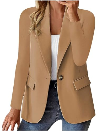 Damen-Blazer, lässig, locker, leicht, vorne offen, Sommerjacken, langärmelig, Arbeit, Büro, Blazer, Outfits, 06 Khaki, M