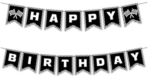 AOZUO Happy Birthday Girlande Banner, Rennauto Girlande Geburtstag Rennauto Geburtstagsdekoration schwarz weiß kariertes Flaggenbanner Partyzubehör mit Rennsportthema