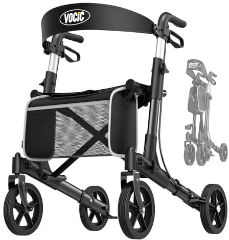 VOCIC Rollator Faltbar und Leicht mit Sitz, Rollatoren Schmal für Wohnung Klappbar Aluminium Gehhilfe für Senioren, wiegt nur 7.8kg, Kaufen Walker Für Alle Terrains, 5 Jahre Support | Schwarz
