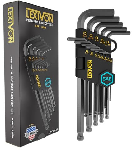 LEXIVON Juego de llaves Allen, 13 llaves hexagonales SAE, diseño de extremo de bola de brazo largo en forma de L, acero de aleación S2 de grado industrial (LX-130H-IN)