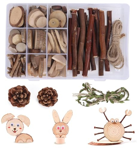Luabue 110Pcs Wood Slices for Crafts 2-5cm Small Wooden Discs Unfinished Log Wooden Circles Wood Sticks for Crafting, Pine Cones Branches Twigs Craft Kit with Ropes for Preschool Classroom Art Project