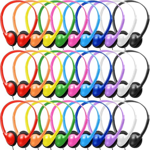 MKDTNJT Paquete de 100 auriculares a granel para niños, escuela, aula, juego de auriculares para estudiantes, adolescentes, niños, niñas y adultos (HTC002, multicolor)