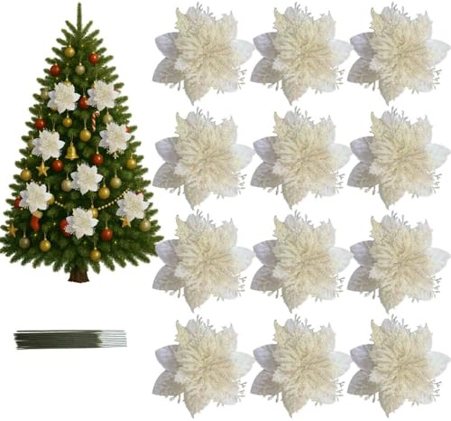 Christmas Tree Flowers – 12pcs Christmas Glitter Poinsettia Decorations, Wreath, Garland & Party Decor, with 12 Clips Included