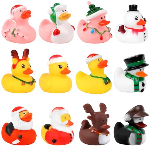 SULOLI 12 Stück Weihnachten Bunte Badeenten,Gummi Weihnachtsenten Weiche Enten Badespielzeug Set für Kinder Dusch Geburtstags Partyartikel