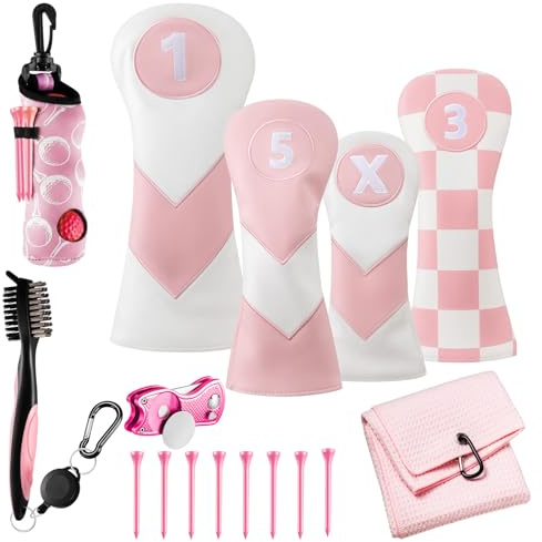 Larandom 16 Pcs Golf Accessories Kit, 4 Pcs Leather Golf Club Headcovers for Woods, Drivers & Hybrids with Magnetic Ball Marker, Tees & Cleaning Brush Set for Men & Women(Pink,Checkered)