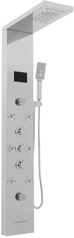 Pannello doccia a LED 6 in 1, pannello doccia in acciaio inox 304, pannello doccia intelligente con indicatore LED, 8 doccia massaggiante, doccetta, beccuccio per vasca (argento)