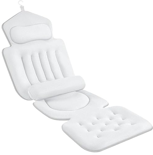 Badewannenkissen Ganzkörper mit Lendenkissen und Kopfstütze, 4D Verdickte Badewannenmatte 133x40 cm mit 192 Saugnäpfen, Schnelltrocknend mit Hängehaken, für Entspannung in Badewanne und Spa