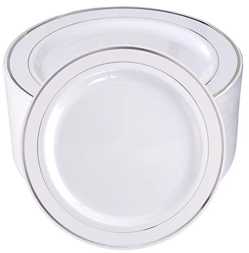 bUCLA 100Pieces Silver Plastic Plates - 10.25inch Silver Rim Disposable Dinner Plates - Ideal for Weddings, Parties