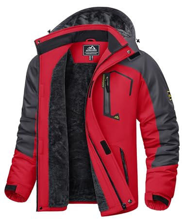 KEFITEVD Skijacke Herren Wasserdicht Atmungsaktiv Snowboardjacke Winter Warm Ski Jacke Herrenjacke Gefüttert Winterparka Snowboard Fleece Jacke mit Kapuze Rot 3XL