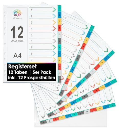 OfficeTree 5x Ordner Register A4 mit 12 Taben inkl. 12 Klarsichthüllen - mit Multilochung für Ordner oder Ringbuch - Register für Ordner A4 Plastik - Ordner Trennblätter - Ordnerregister