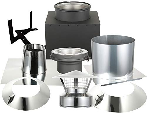 AllFuel HST Through The Attic Kit with Spark Guard Chimney Cap for 6 Diameter 304 Stainless Steel Class-A Double Wall Chimney Pipe (11 Square Ceiling Support Box, Flat Roof Flashing)