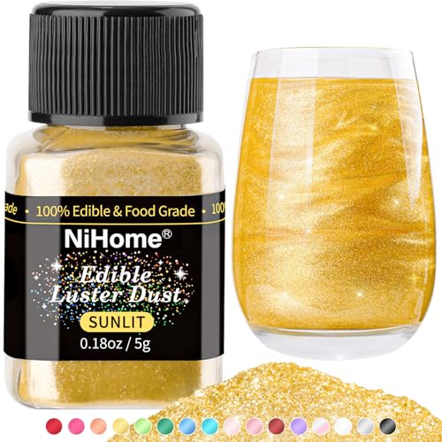 NiHome Gold Metallic Edible Lustre Dust for Cakes and Drinks, 5 g | Shimmering Food Decoration Powder for Cakes, Desserts and Beverages, Ideal for Baking, Parties and Special Occasions