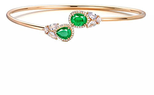 Epinki Women 18K Rose Gold Bracelet Pear Green Emerald 1.62ct with White Diamond Chain Bracelet 8 Inch