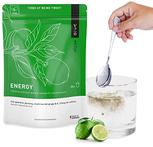 Vit2go ENERGY 250 (25 raciones) - Bebida energética con cafeína (124 mg), guaraná y taurina, Complejo vitamínico con minerales (8 vitaminas B y aminoácidos esenciales, magnesio, calcio, zinc), vegano