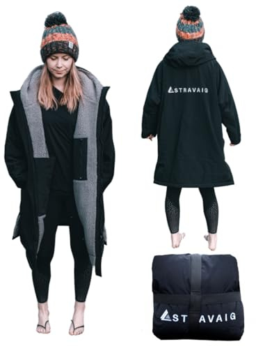 Adult Waterproof Changing Robe Super Soft Fleece Lining-Windproof, Waterproof to 10,000mm Oversized Coat for Changing Swimming and Watersports. With Compression Straps (Large, Black)