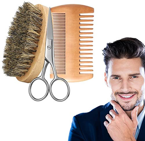 Bartkamm & Bartbürste Set Für Männer, Bartbürste mit borsten und Comb Set, Bartschere, Bartschere, Bartkamm aus Holz, Pflege Von Bärten Und Schnurrbärten, Butyeak