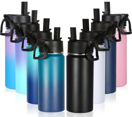 Volhoply 16 OZ Kids Water Bottle Bulk 8 Pack,Insulated Sports Bottles with Straw Lid,Stainless Steel Bottle with Handle Keep Cold & Hot,Double Wall Vacuum Tumbler Cups for School(Eight Color, 8)