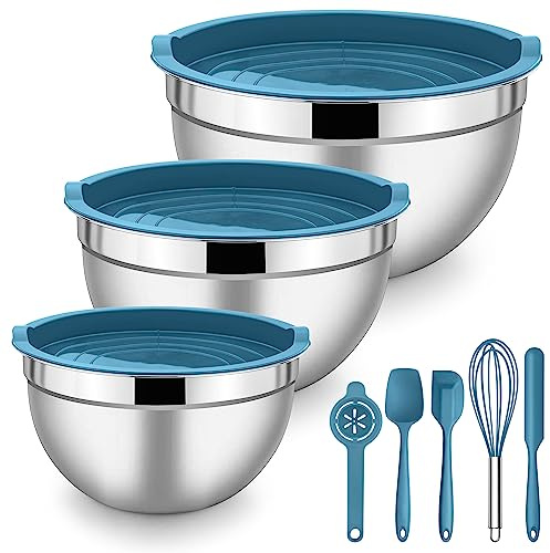 Herogo Ciotole per mescolare con coperchi ermetici, set da 3 pezzi in acciaio inox e 5 accessori in silicone, insalatiere in metallo per preparare la cottura e servire, conservazione salvaspazio, 1,2