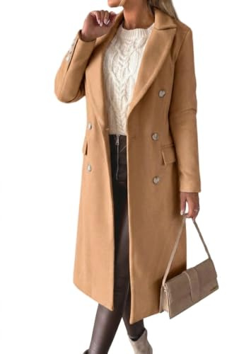 IDEALSANXUN - Cappotto lungo da donna in lana, trench doppiopetto, abbigliamento autunno-inverno, Cammello, Large