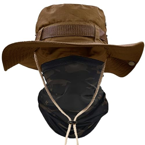 ehsbuy Sombrero Hombre Verano con Cuello de Polaina ala Ancha Chambergo Militar Sombrero Camuflaje Pescador de Bufanda Cara Militar Gorro Pescador Malla Sombreros Sol para Caza Senderismo