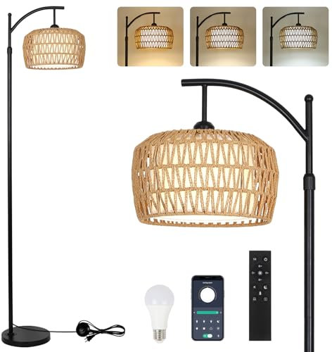 Rayofly Stehlampe aus Rattan Wohnzimmer, dimmbare Stehlampe mit Fernbedienung, App-Steuerung, Boho Bodenleuchte mit Rattanschirm und Glühbirne, schwarze Bodenleuchte