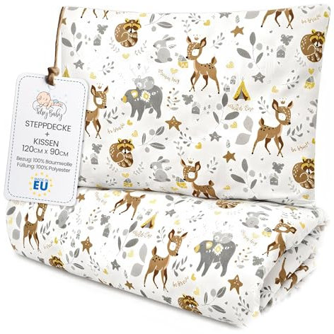 Kinder Bettdecke ohne Bezug 90x120 cm - Baumwolle Baby Decke und Kissen Set Kinderdecke 90 x 120 und Kopfkissen 60 x 40 - Bettdecken Kinderbettdecke Oeko-Tex Hirsch