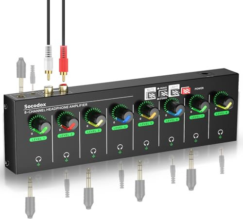 socodox Amplificador de Auriculares de 4 Canales con Jacks de 3,5 mm/6,35 mm/RCA, Divisor de Auriculares de Metal con 8 Puertos de Salida para Auriculares, Compacto con Interruptor estéreo y luz RGB