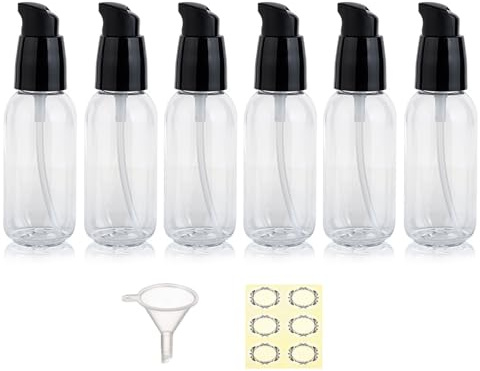 Apstaqeoo 6Pcs 50Ml Empty Lotion Pump Bottle Dispenser for Toiletries TSA Approved Pump Dispenser Leak-proof Plastic Travel Bottles Container with Label & Funnel for Cleaning Shampoo Cosmetic (Clear)