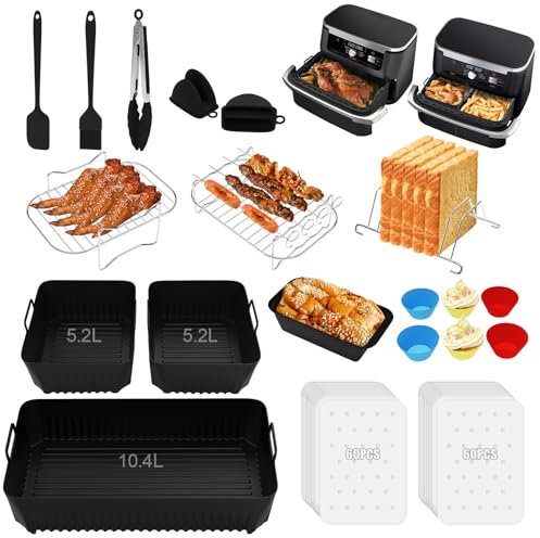Feelhap Heissluftfritteuse Zubehör,Airfryer Zubehör für Ninja Food Flexdrawer AF500EU 10.4L AirFryer Silikonmatte,1x10,4L & 2x5,2L Silikonform für Heißluftfritteuse mit Dual Ninja Airfryer Zubehör