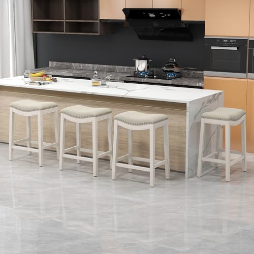 ABET Bar Stools Counter Height Chair Set of 4, 27 Backless Farmhouse Barstools with Wood Leg & Built-in Footrest, Nailhead Saddle Seat, Upholstered Linen Kitchen Island Chairs, Beige-White Legs