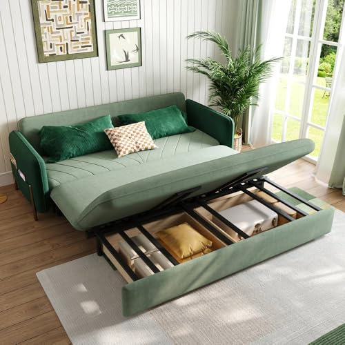 Homary Schlafsofa mit Bettkasten und Schlaffunktion, 3-Sitzer Sofa aus Samt (Grün), Ausziehbar, Mit Rollen, Ideales Gästebett für Wohnzimmer und Büro